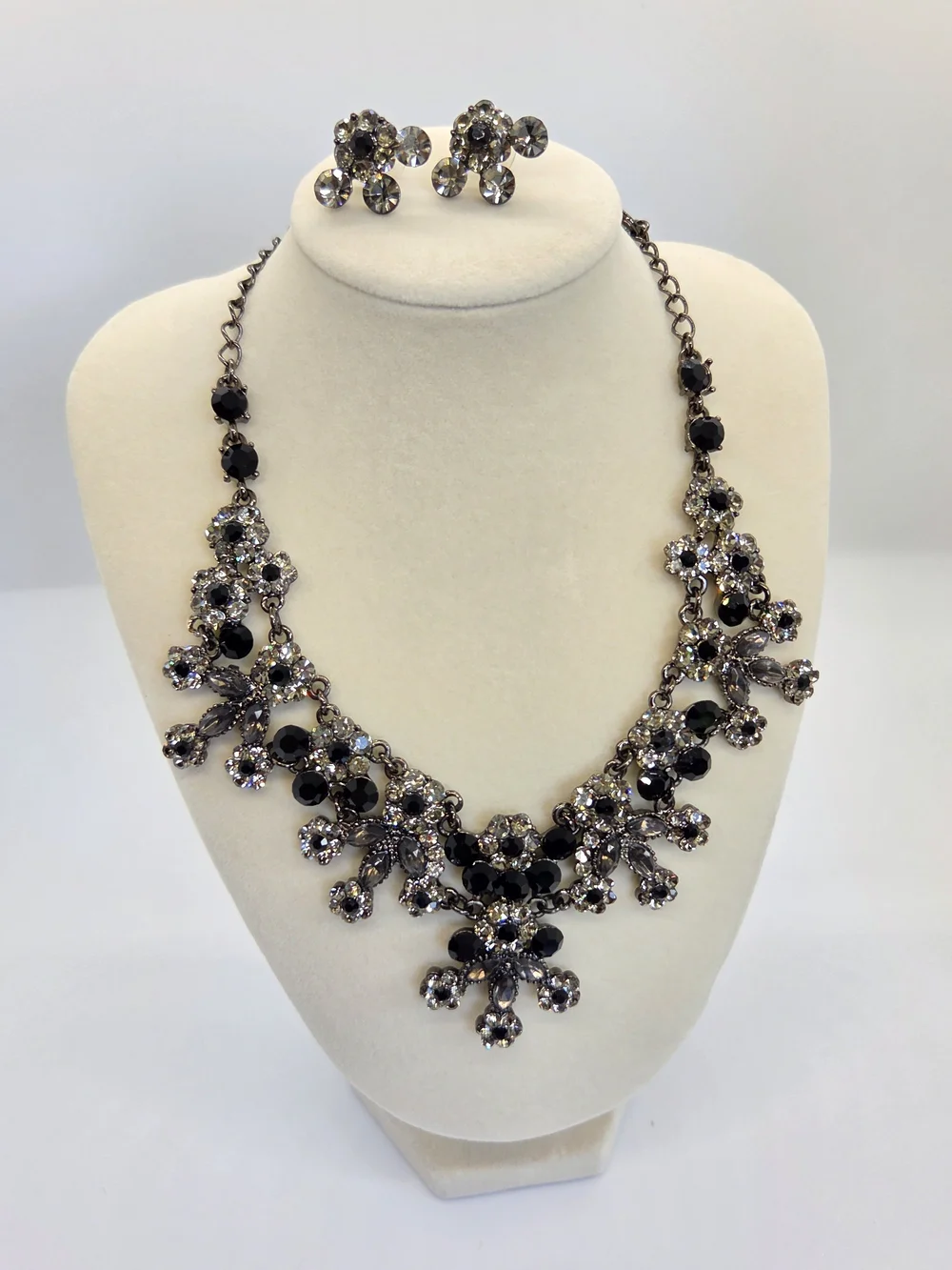 Elegant Black and Crystal Statement Necklace and Earrings Set, Vintage